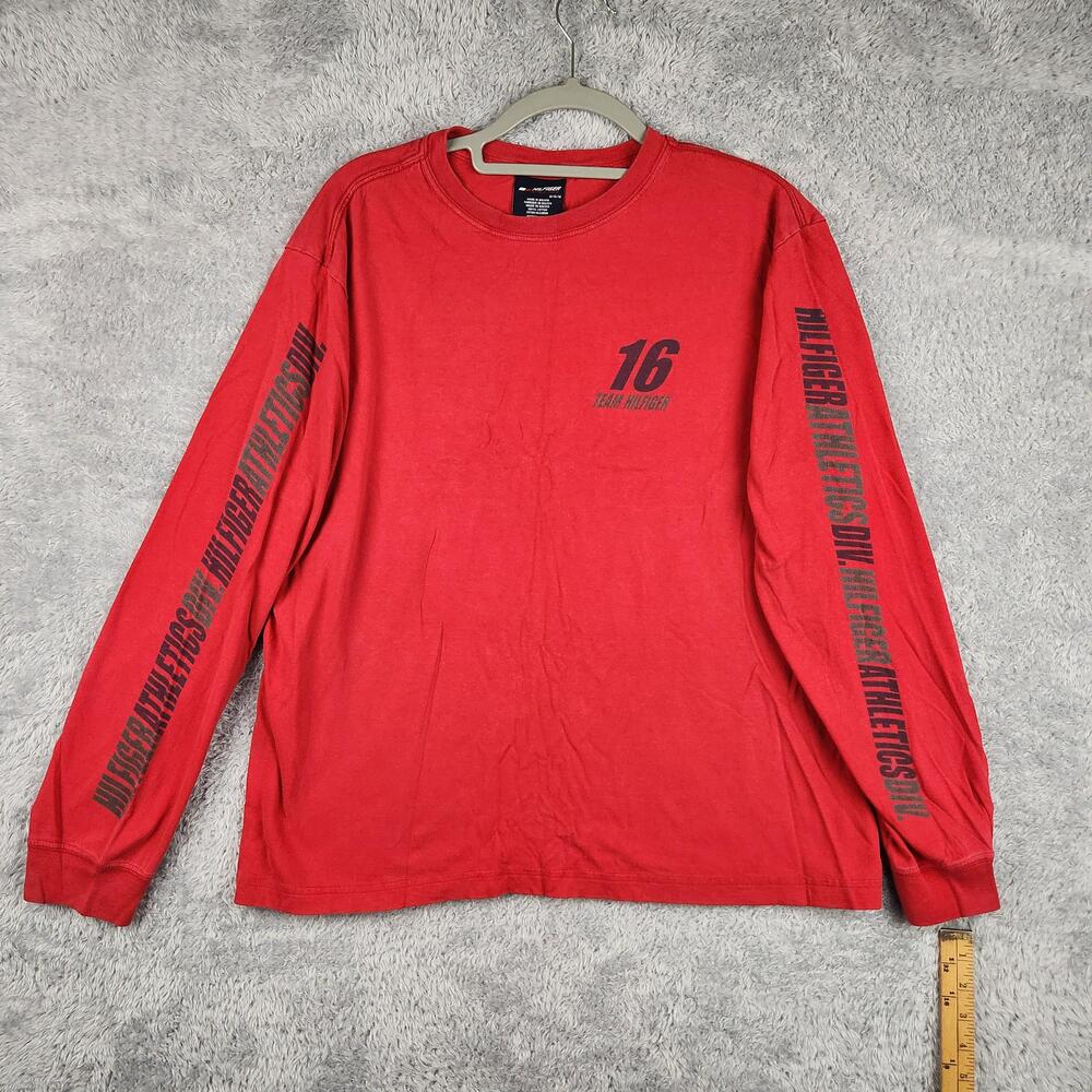 Vintage Hilfiger Athletics Shirt Mens Medium Red Graphic Long Sleeve Hit Y2K